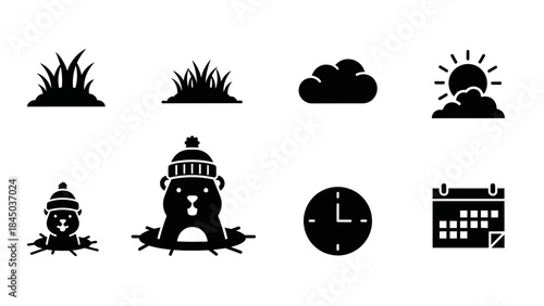Black silhouette icons depicting Groundhog Day elements, including groundhogs, grass, clouds, sun, clock, and calendar.