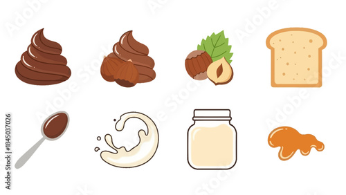 A collection of food ingredients and spreads including chocolate, hazelnuts, bread, milk, and caramel, depicted as simple illustrations.