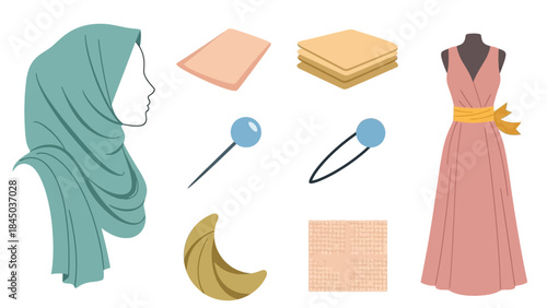 Collection of fashion items including a hijab, fabric swatches, sewing pins, and a pink dress on a mannequin, representing clothing and textile accessories.
