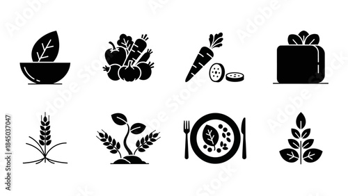 Healthy Food Icons Set: A collection of various culinary symbol represents freshness, nutritional value, and the essence of healthy eating. Designed to celebrate wholesome ingredients.