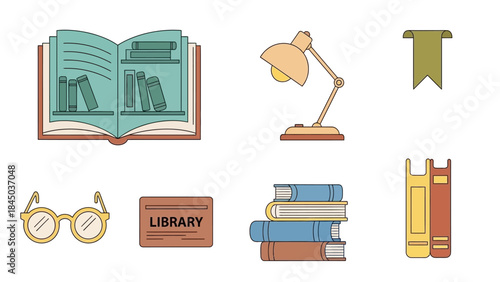 A collection of flat design illustrations depicting various library and reading-related items such as books, a lamp, glasses, and a library card.