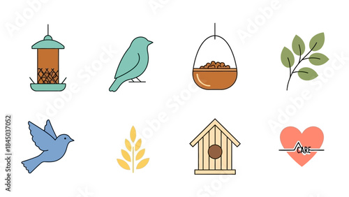 A set of flat design icons featuring various bird-related elements such as feeders, birds, a birdhouse, and natural items like a leafy branch and wheat.