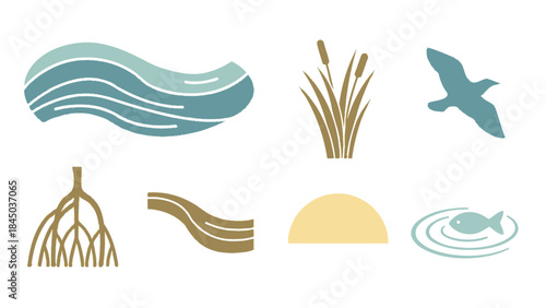 Stylized icons representing various elements of a wetland ecosystem, including water, reeds, a bird, roots, sand, and a fish.