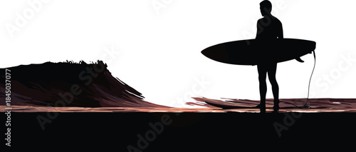 Dramatic black silhouette of a surfer holding a surfboard on the shore against a huge breaking wave at sunset, capturing the adventurous surfing lifestyle.