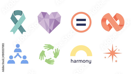 A collection of eight diverse icons representing social issues, community, equality, harmony, and awareness, set against a white background.