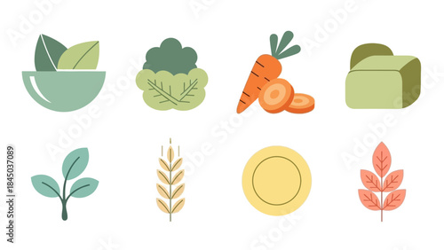 Flat design icons illustrating various healthy food items, fresh vegetables, and natural plant elements for a balanced diet.