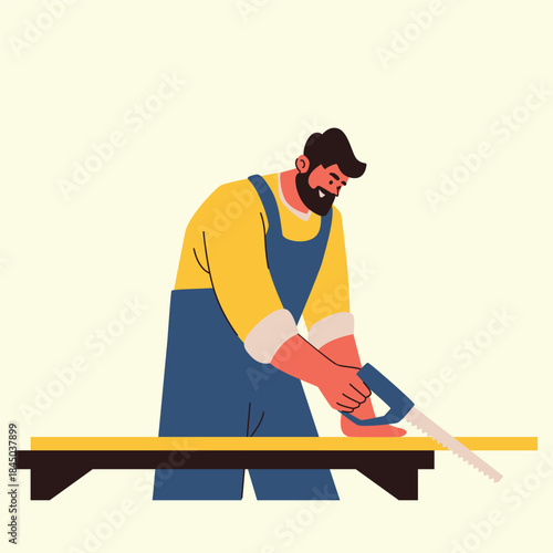 handyman cutting wood for home repair illustration