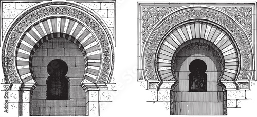 Spanish Moorish Horseshoe Arch Window Islamic Architectural Ornament Vintage Engraving Style Vector Illustration Set