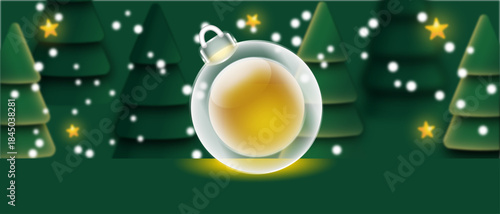 Ornament with Snow, Glowing Stars and Christmas Trees. Perfect for Christmas designs, holiday greetings, seasonal promotions, apps