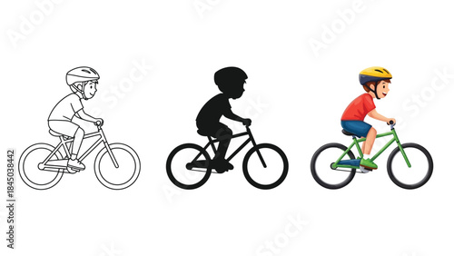 Set of three illustrations of a boy riding a bicycle line art, silhouette and full color version
