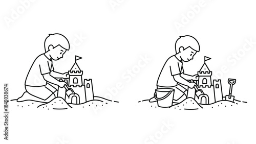 Two illustrations of a young boy kneeling in sand building a sandcastle with a small flag top, line art drawing
