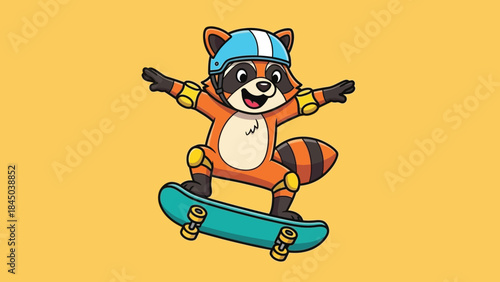 Cute cartoon raccoon skateboarding wearing helmet and elbow pads
