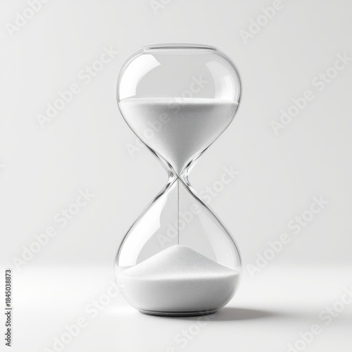 Glass hourglass clock with white sand flowing on white background