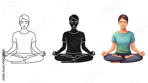 Set of three illustrations of a person meditating in lotus position line art, silhouette and full color drawing