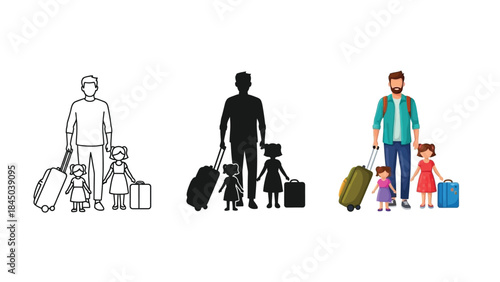 Father with two daughters traveling with luggage, set of three styles outline, silhouette and color illustration