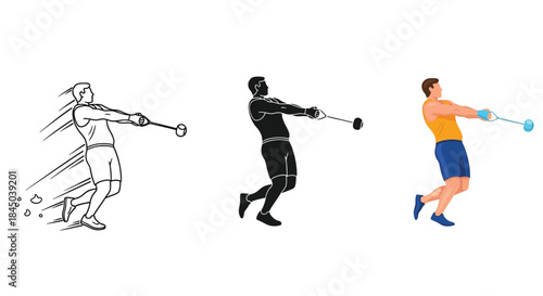 Three different styles of illustration showing an athlete performing hammer throw technique, including a sketch, a silhouette and a fullcolor drawing, all