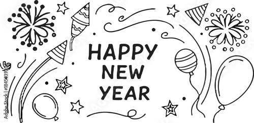 A black and white line drawing illustration featuring celebratory elements for New Year's. The phrase HAPPY NEW YEAR is centrally positioned, written in a simple sans-serif font. Surrounding the text 