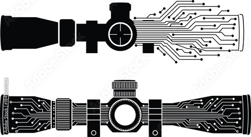 Silhouette Vector of Sniping Optics Merged with Electronic Circuit Board and Target Reticle, Perfect for Technology and Military Design
