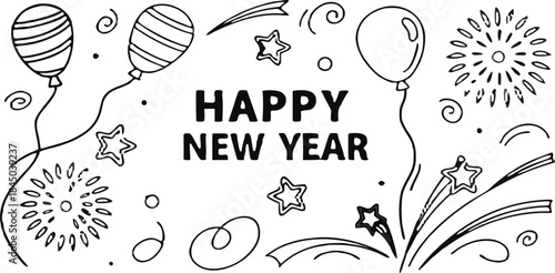 A black and white line drawing illustration featuring celebratory elements for New Year's. The phrase HAPPY NEW YEAR is centrally positioned, written in a simple sans-serif font. Surrounding the text 