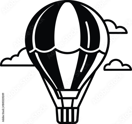 Black and white hot air balloon icon with clouds airship