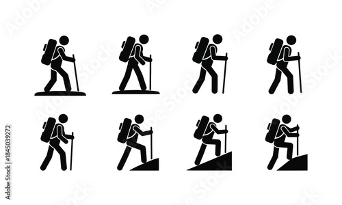 Set of black and white hiker and trekking icons with backpacks and poles