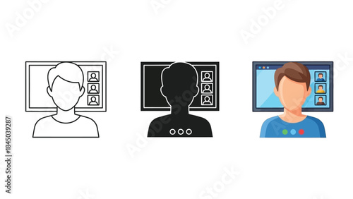 Set of three icons representing a person in a video conference or online meeting a computer screen, in line art, silhouette and flat color styles