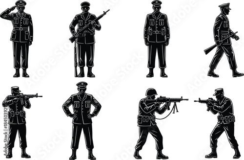 Vector Set of Army Figures in Various Uniforms and Action Poses Including Salute, Marching, and Carrying Rifles for Design