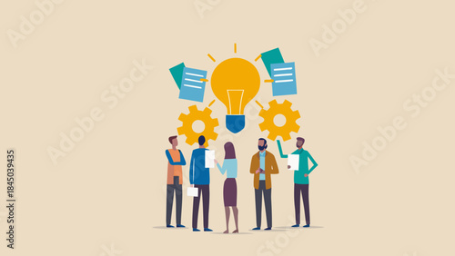 Team brainstorming session with lightbulb, gears, and documents representing innovative problem solving and strategy