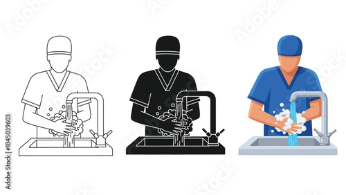 Set of three illustrations showing surgical hand scrubbing procedure before operation