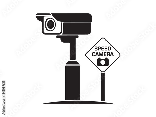 Traffic speed camera sign, Black and white icon representing a speed camera or traffic enforcement device vector illustration