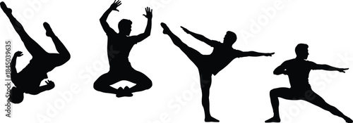 Vector Set of Male Figures Performing Kicks, Acrobatics, Jumps, and Fighting Poses for Dynamic Action Design