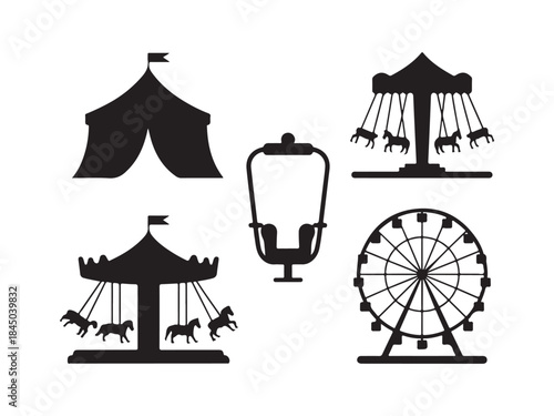 Carnival silhouette illustration set, amusement park elements, Vector art of a vibrant collection of carnival and amusement park icons vector illustration