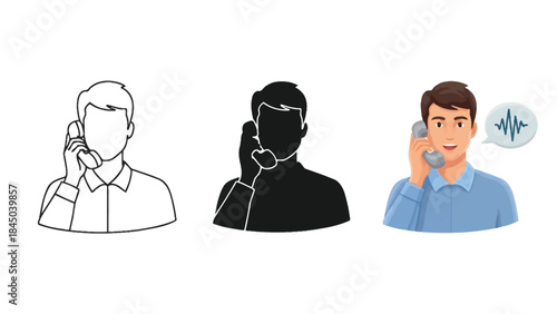 Man talking landline phone receiver, set of three styles outline, silhouette and color illustration with sound wave icon