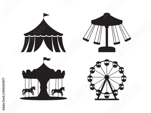 Carnival silhouette illustration set, amusement park elements, Vector art of a vibrant collection of carnival and amusement park icons vector illustration