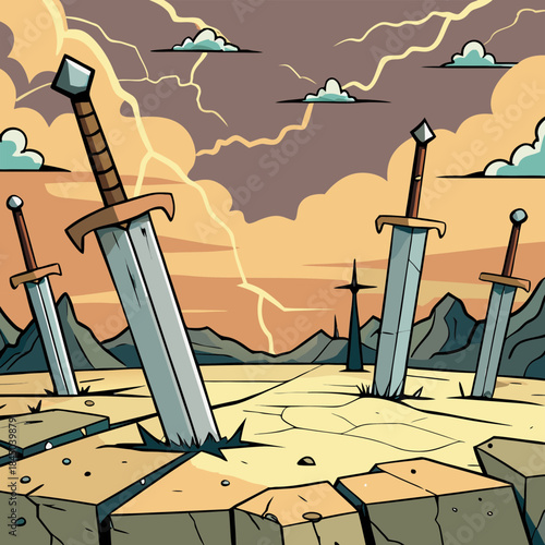 Four ancient swords stand stuck in the ground under a stormy lightning filled sky