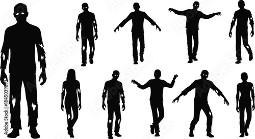 Vector Set of Undead Figures in Various Poses Including Walking, Reaching, and Standing, Perfect for Halloween and Horror Design