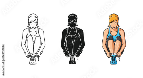 Woman tying shoelaces in three styles outline, silhouette and color illustration