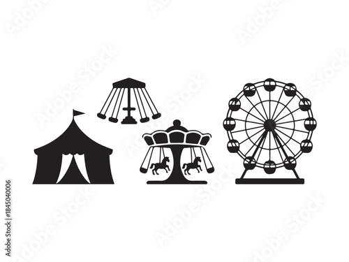 Carnival silhouette illustration set, amusement park elements, Vector art of a vibrant collection of carnival and amusement park icons vector illustration