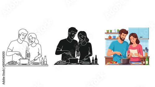 Couple cooking together in kitchen, illustration set showing line art, silhouette and full color versions