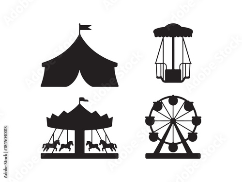 Carnival silhouette illustration set, amusement park elements, Vector art of a vibrant collection of carnival and amusement park icons vector illustration