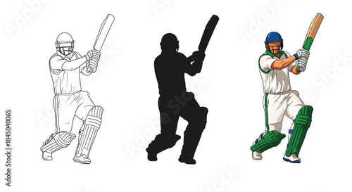 Cricket batsman hitting shot line art, silhouette and full color illustration set