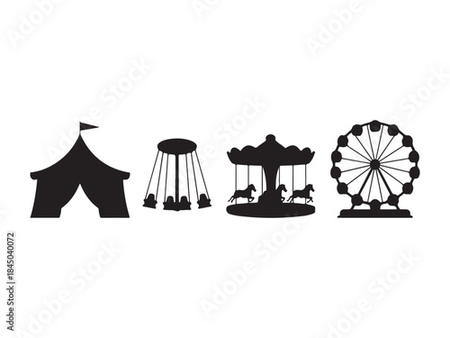 Carnival silhouette illustration set, amusement park elements, Vector art of a vibrant collection of carnival and amusement park icons vector illustration