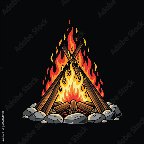Intense vector illustration of realistic fire flames with vibrant orange, yellow, and red gradients dramatically contrasting against deep black background. Features flickering edges, smoky effects