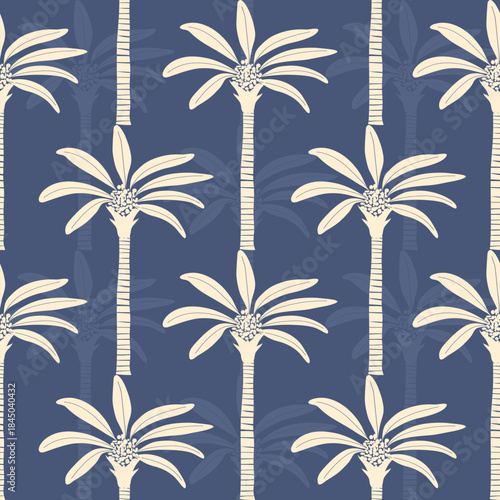 Seamless palm tree pattern in navy blue and cream tones. Tropical and minimal style suitable for fabric, wallpaper, wrapping paper, summer decor, and beach themed designs.