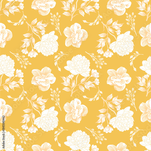 Elegant floral seamless pattern in mustard yellow and white. Vintage botanical style suitable for fabric, wallpaper, wrapping paper, home decor, and stationery designs.
