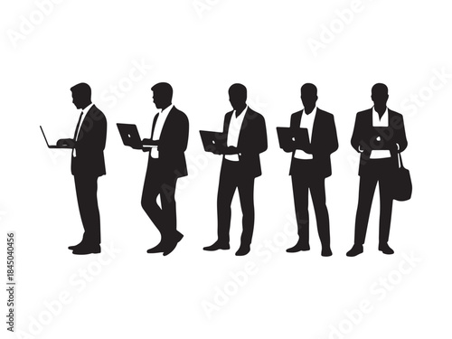 Silhouettes of diverse business people standing with laptop, men, women full length using computer. Man with laptop silhouette.