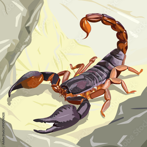 Scorpion crawling on rocky surface with raised tail