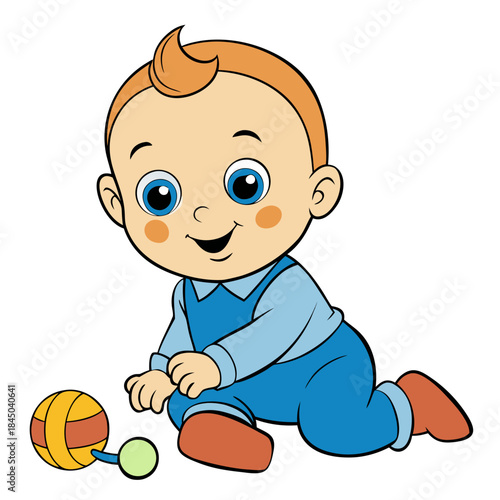 Happy baby boy playing with toys on white background