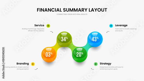 Investor Performance Slideshow Design Vector Illustration. Project Report 4 Step Diagram Slide Template. Enterprise Review Four Element Infographic Frame Layout.