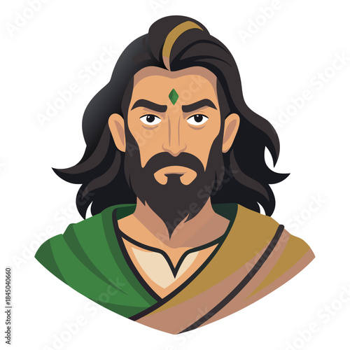 Illustration of a man with long hair and beard wearing traditional attire